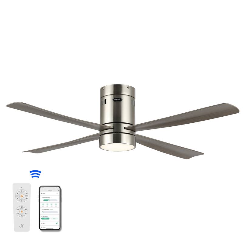 Remy 52" 1-Light Contemporary Iron/Acrylic Mobile-App/Remote-Controlled 6-Speed Integrated LED Ceiling Fan, by JONATHAN Y - Nickel/Gray Wood Finish