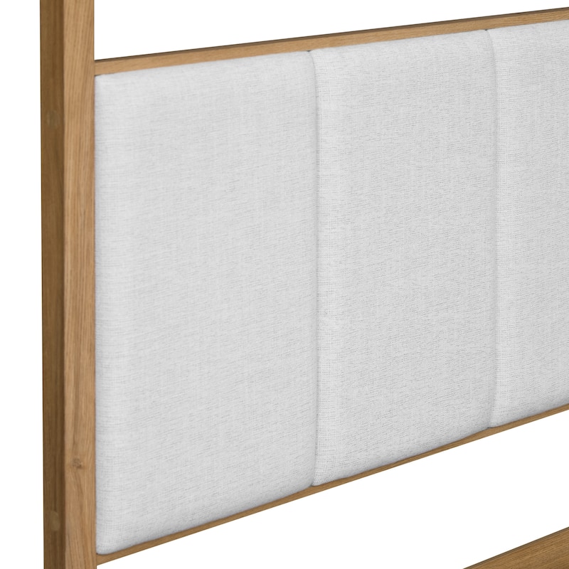 WAMPAT Modern Queen Size Canopy Bed Frame with Upholstered Headboard, Solid Wood 4 Poster Bed, No Box Spring Needed for Bedroom