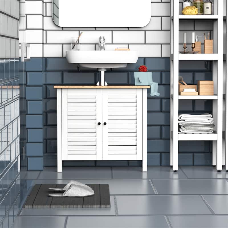 White MDF Under Sink Bathroom Cabinet with Doors and Anti-Slip Feet - 26.5" W x 11.75" D x 23.75" H