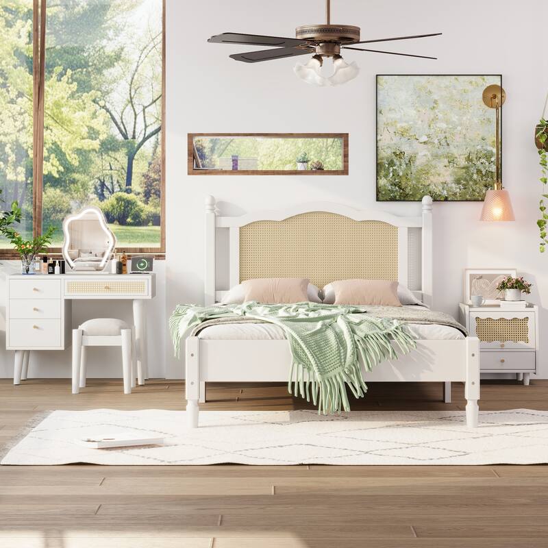 Wooden Platform Bed with Rattan Headboard Curved Wingback Bed Vintage Bed Frame Wood Slat Support Bed with Underbed Storage