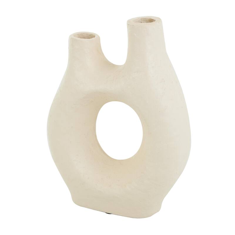 Paper Mache Abstract Rounded Decorative Vase with Double Openings - Beige - Roche River Decor - Beige - 9"W, 12"H