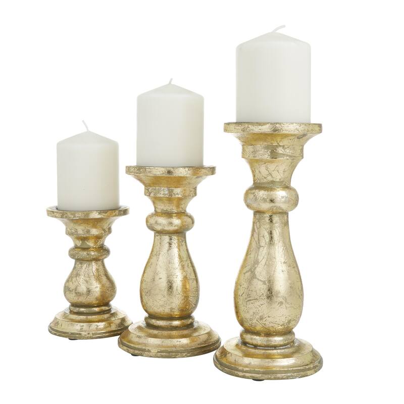 Mango Wood Turned Style Pillar Decorative Candle Holder - Set of 3 Gold, White, Black - Roche River Decor