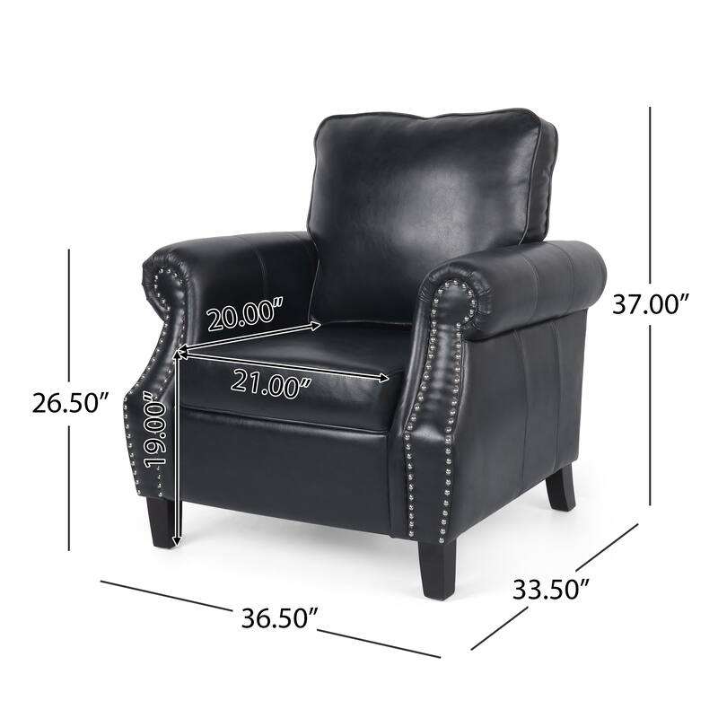 Roomfitters Faux Leather Club Chair with Rolled Arms, Nailhead Trim and Cushioned Seat, Classic Accent Armchair, Black