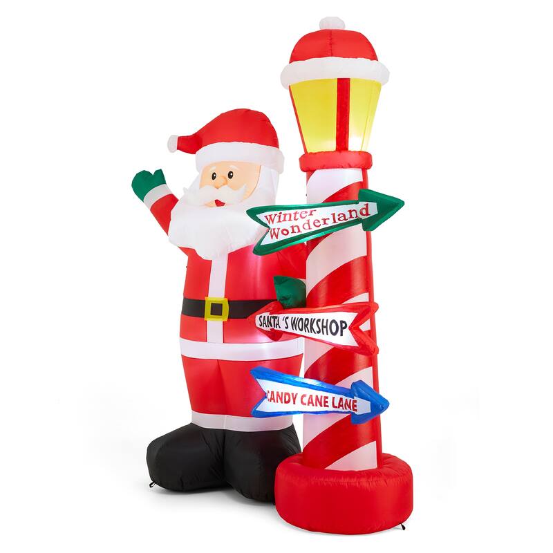 Glitzhome 7FT Lighted Inflatable Santa with Lamp Post Sign Decor