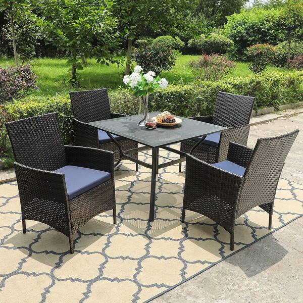 Shop Black Friday Deals On Phi Villa Set Of 5 Outdoor Dining Sets 37 Square Metal Bistro Table With 1 7 Umbrella Hole And 4 Rattan Garden Chairs Overstock 32344883