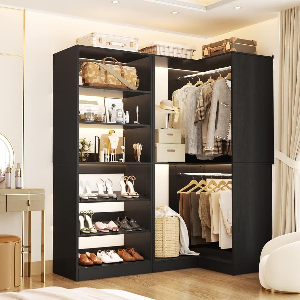 Cimly Set of 2 Corner Closet System with Shoe Organizer, Freestanding Closet Organizer with Hanging Rods and Tower Shelves