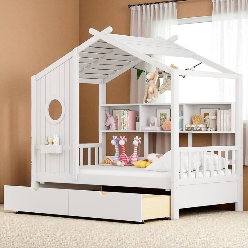 Twin/Full Size Wooden House Bed with Roof, Storage Shelf and 2 Drawers for Kids, Montessori Style