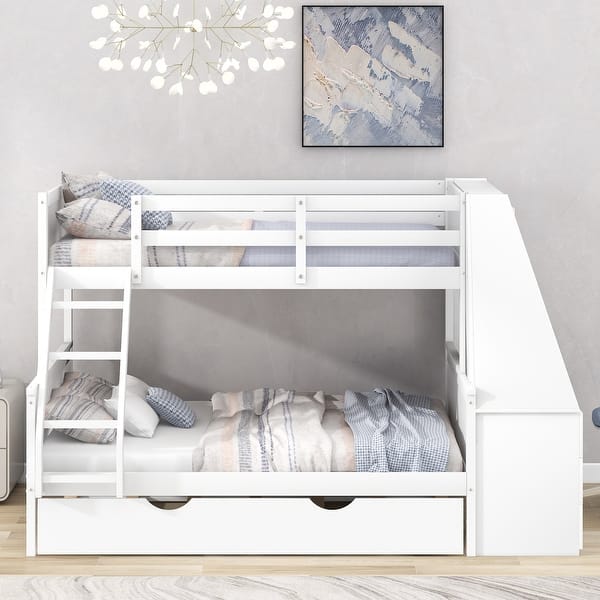 slide 2 of 15, Twin over Full Bunk Bed with Trundle Bed and Built-In Desk, Wood Frame Guardrail Bed with Three Storage Drawers & Shelf White