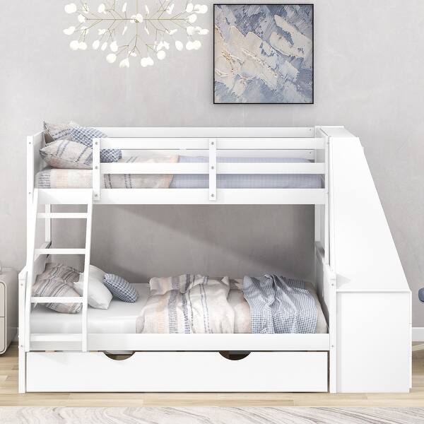 slide 2 of 11, White Twin Over Full Bunk Bed with Trundle and Ladder, Built-in Desk White - Twin