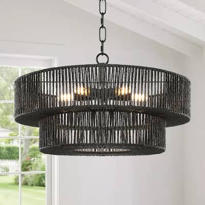 5-Light 21.6in. Rattan Boho Tiered Drum Hand Woven Chandelier