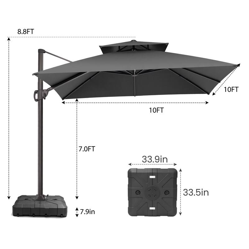 Pellebant Outdoor 10x10 FT Square Cantilever Patio Umbrella 360 Degree Rotation with HDPE Base