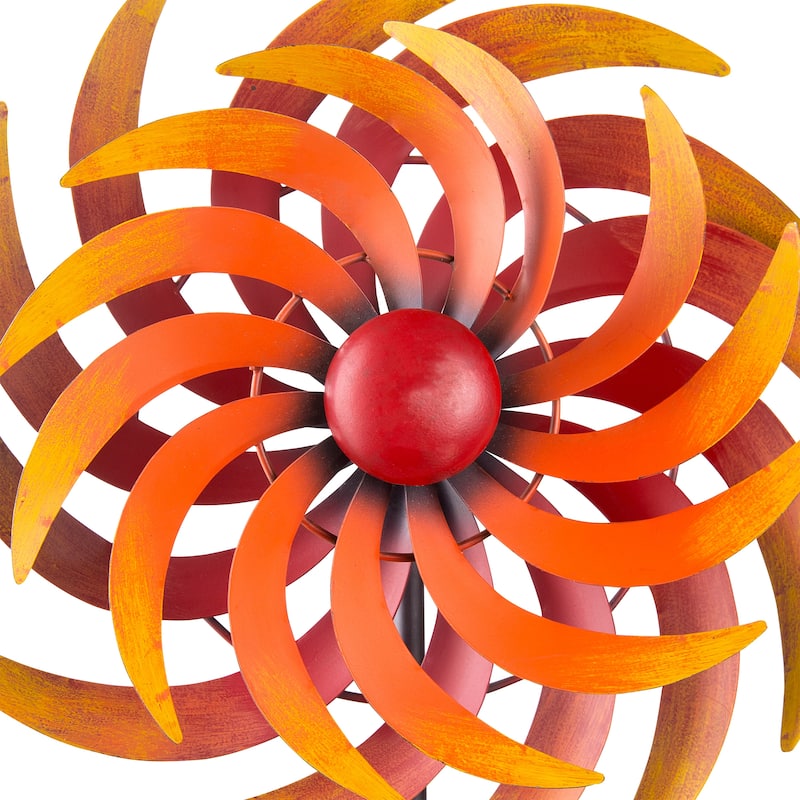 Alpine Corporation 75" Tall Outdoor Dual Metal Rustic Garden Kinetic Wind Spinner Stake, Red and Orange