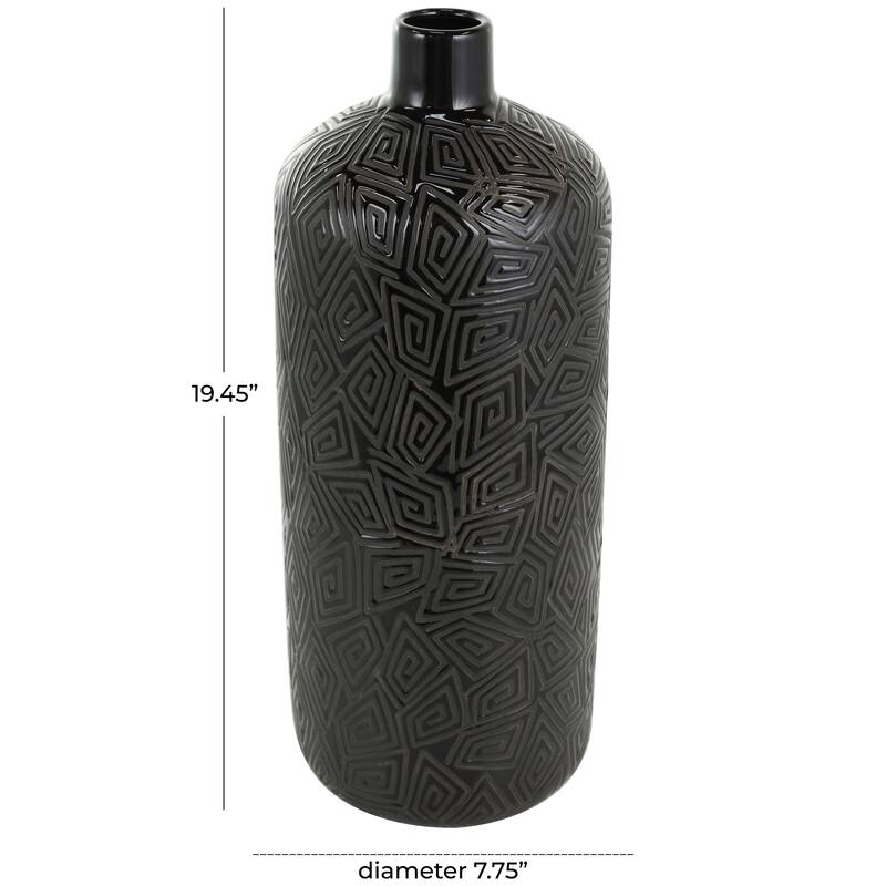 Black Ceramic Vase with Geometric Etchings