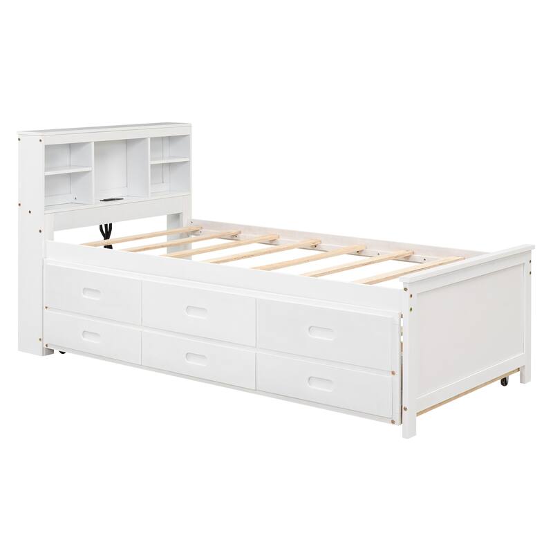 Platform Bed with Storage Headboard, USB, Twin Size Trundle and 3 Drawers