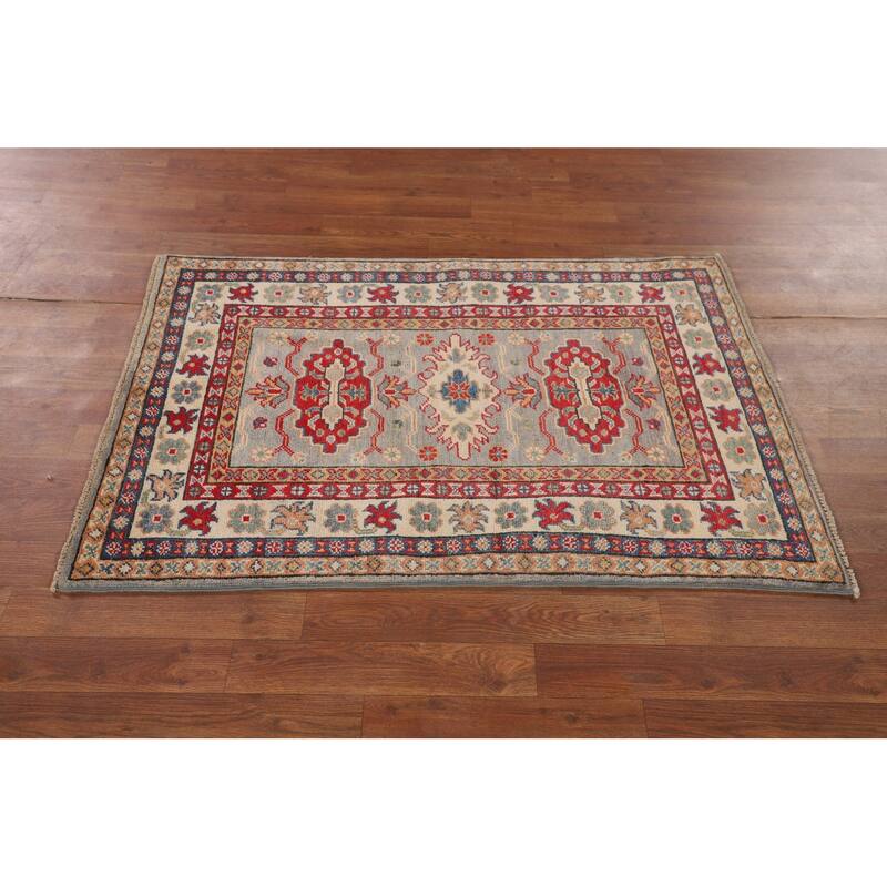Geometric Kazak Accent Rug Bedroom Hand-Knotted Wool Carpet - 2'9" x 4'1"