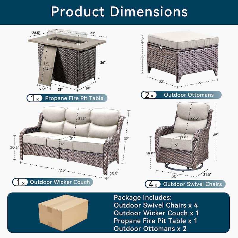 Pocassy 8 Pieces Outdoor 6 Inch Sofa Swivel Chair Ottoman with Fire Table