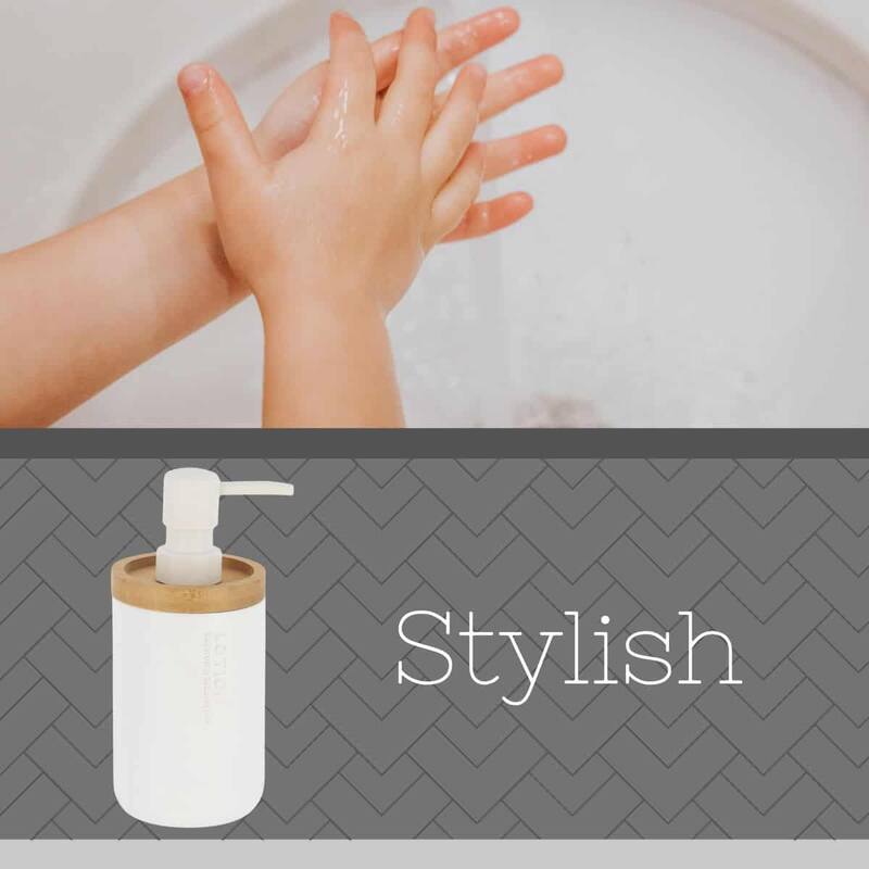 Elegant Soap Dispenser - Polyresin and Bamboo Design, Refillable Liquid Pump - 3 L x 3 W X 7 h