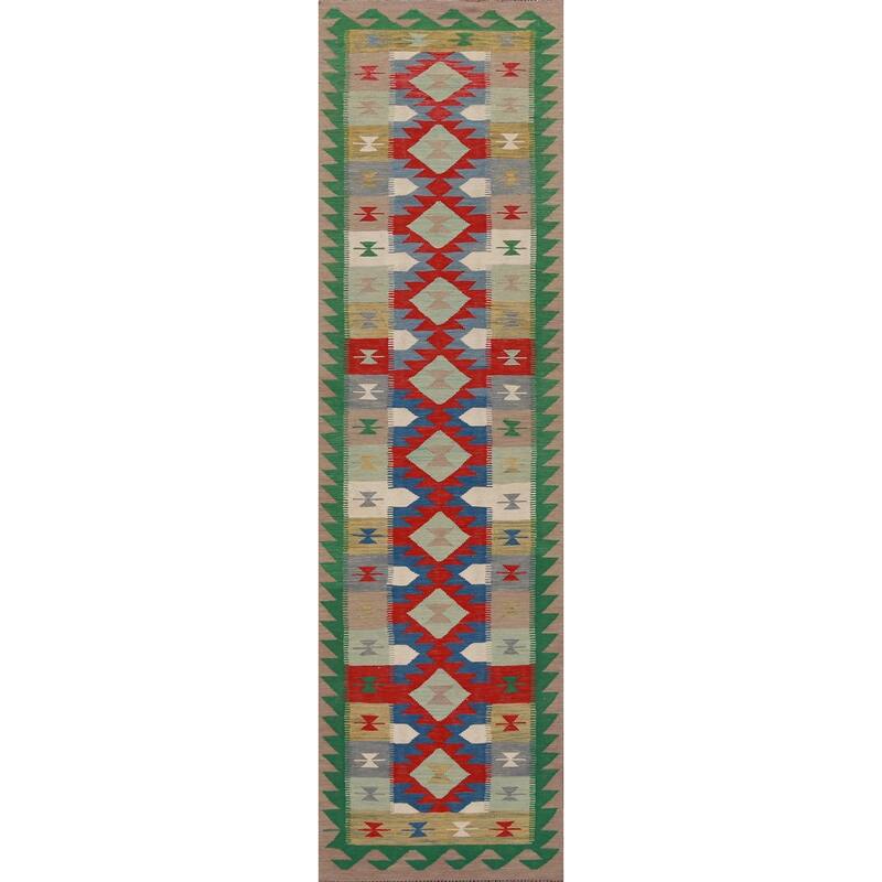 Hand Woven Oriental 100% Wool Carpet Southwestern Geometric Multi-Colored Kilim Runner Rug - 12' 9'' X 2' 7''