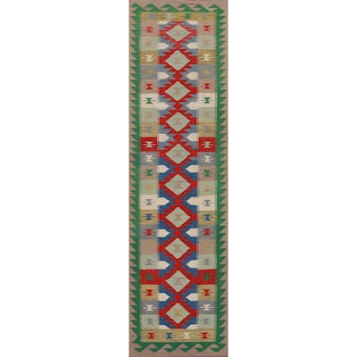 Hand Woven Oriental 100% Wool Carpet Southwestern Geometric Multi-Colored Kilim Runner Rug - 12' 9'' X 2' 7''