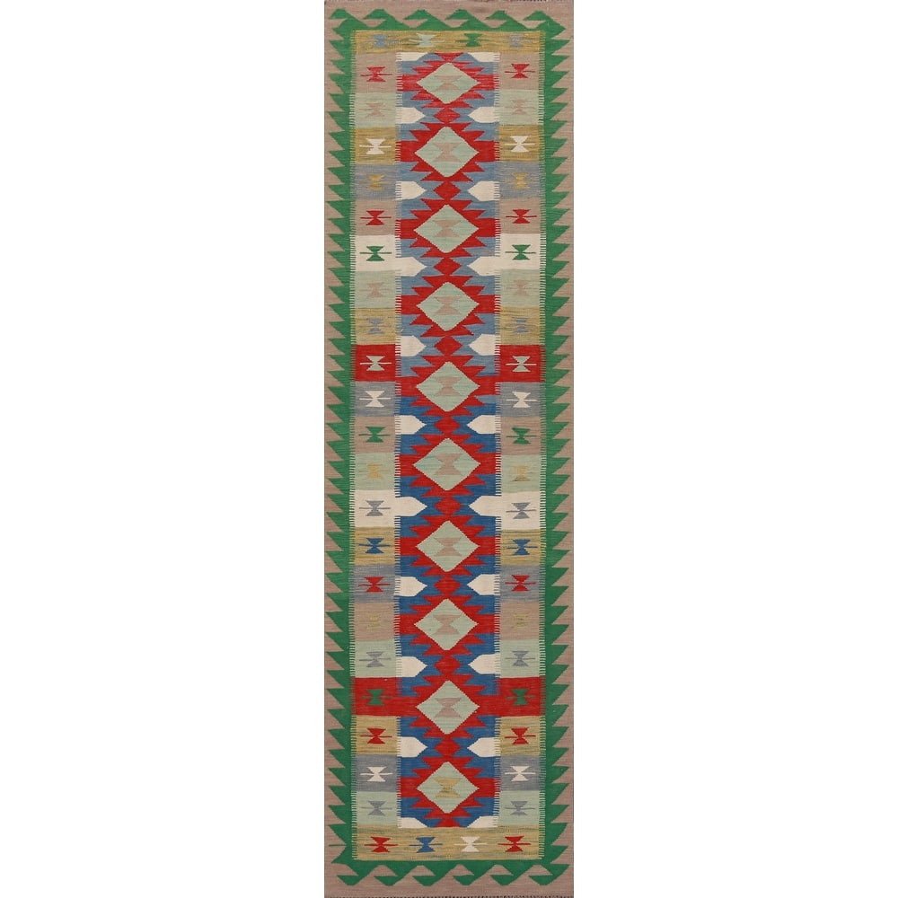Hand Woven Oriental 100% Wool Carpet Southwestern Geometric Multi-Colored Kilim Runner Rug - 12' 9'' X 2' 7''