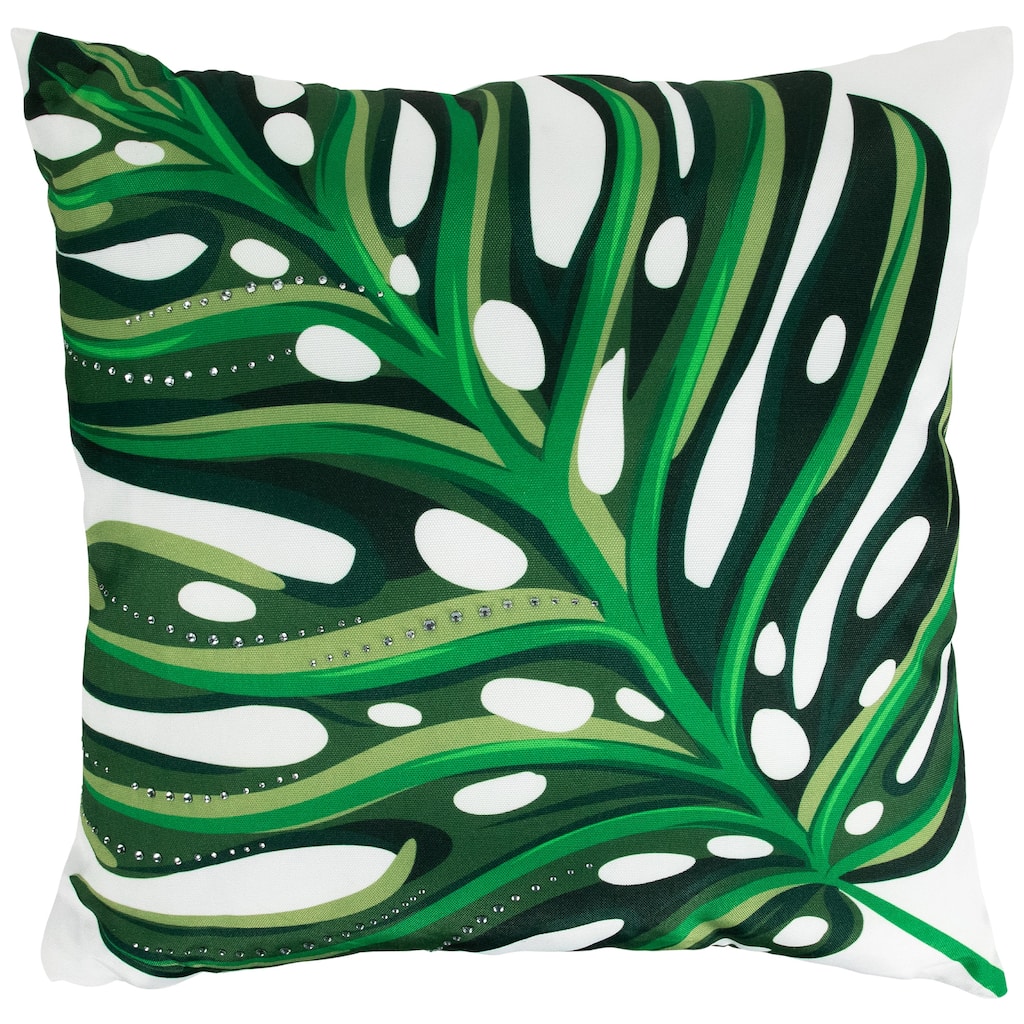 Palm Leaf with Rhinestones Throw Pillow - 16" - Green and White