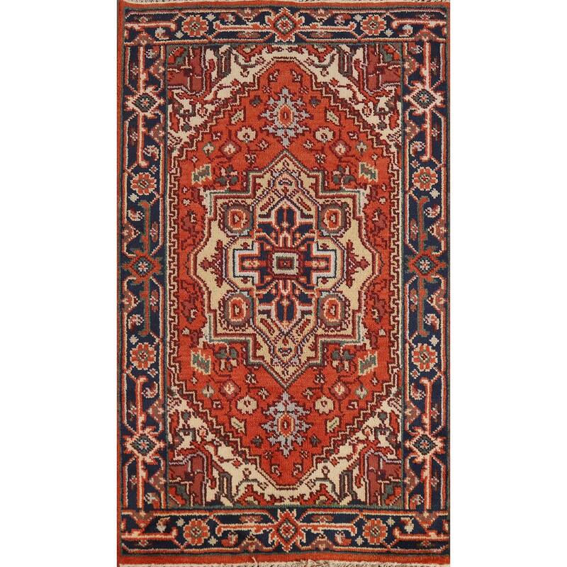 Hand Knotted Oriental 100% Wool Carpet Traditional Medallion Oranges & Rust Heriz (serapi) Area Rug - 5' 1'' X 3' 1''