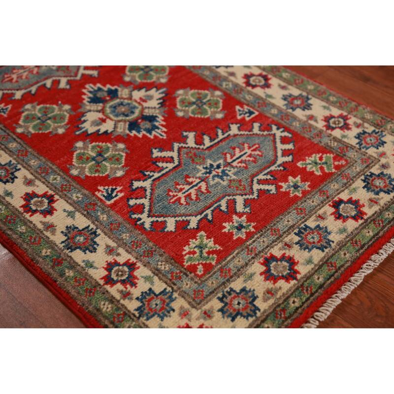 Red Geometric Kazak Oriental Foyer Rug Handmade Wool Carpet - 2'0"x 3'0"