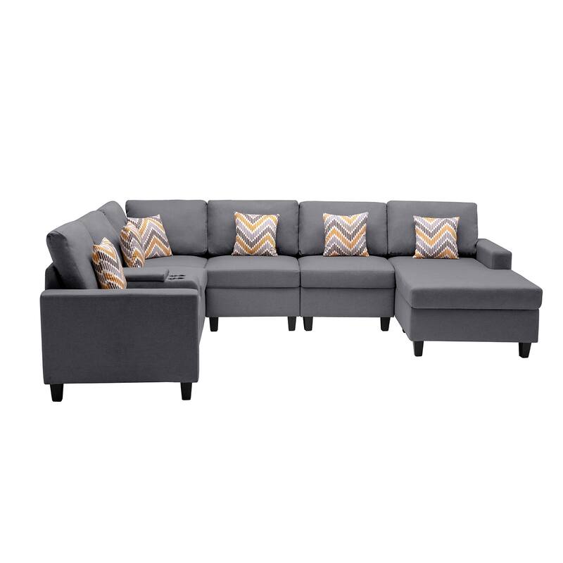 Linen Fabric 7 Piece U-Shaped Reversible Chaise Sectional Sofa with Storage Console Table and 6 Pillows