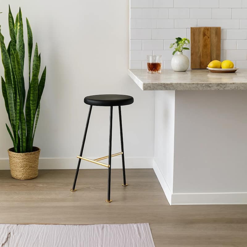 Elira 24.5 Backless Barstool with Round Mango Wood Seat | PVD Coating | Black Iron Legs | Gold Footrest