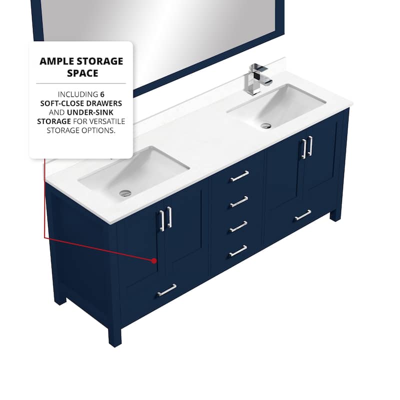 Jacques 72 in. W x 22 in. D White Bath Vanity, Cultured Marble Top, Faucet Set, and 28 in. Mirror