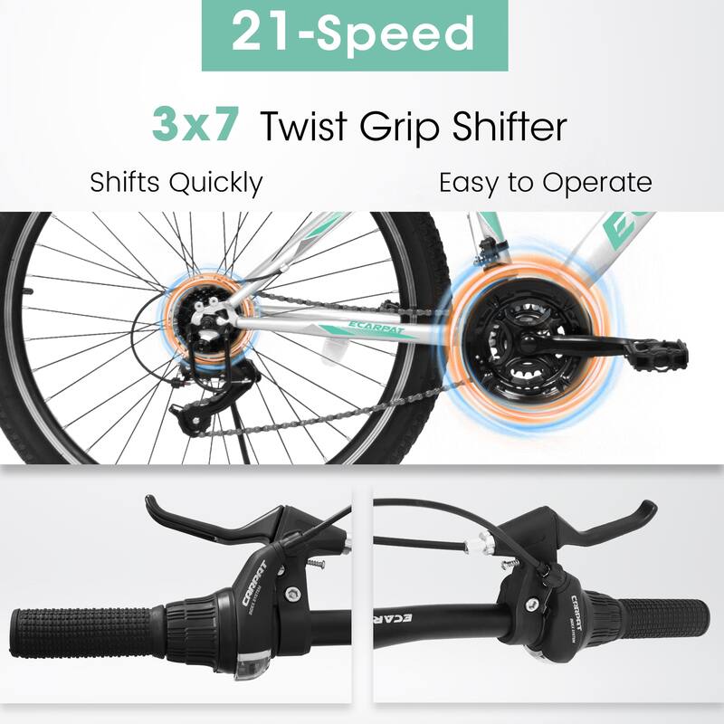 Mountain Bike - Carbon Steel Frame, 21-Speed, V-Brake, Front Suspension, Teenagers/Girls/Women - 26