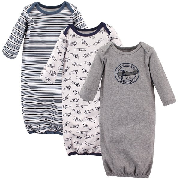 slide 1 of 1, Hudson Baby Infant Boy Cotton Long-Sleeve Gowns 3pk, Aviation Preemie-Newborn - Aviation