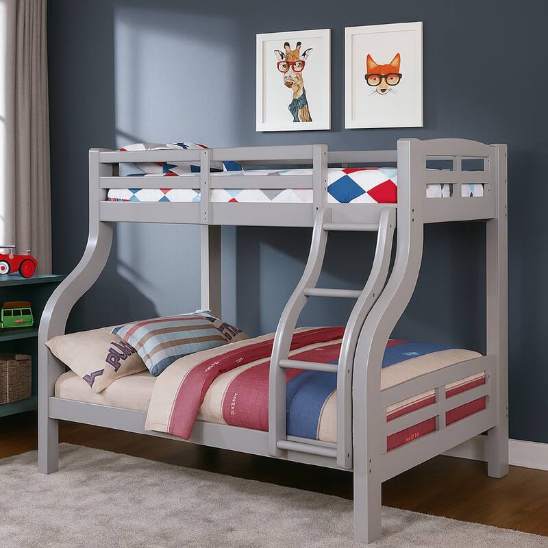 Tedy Twin over Full Bunk Bed with Curved Ladder, Guardrails, Gray