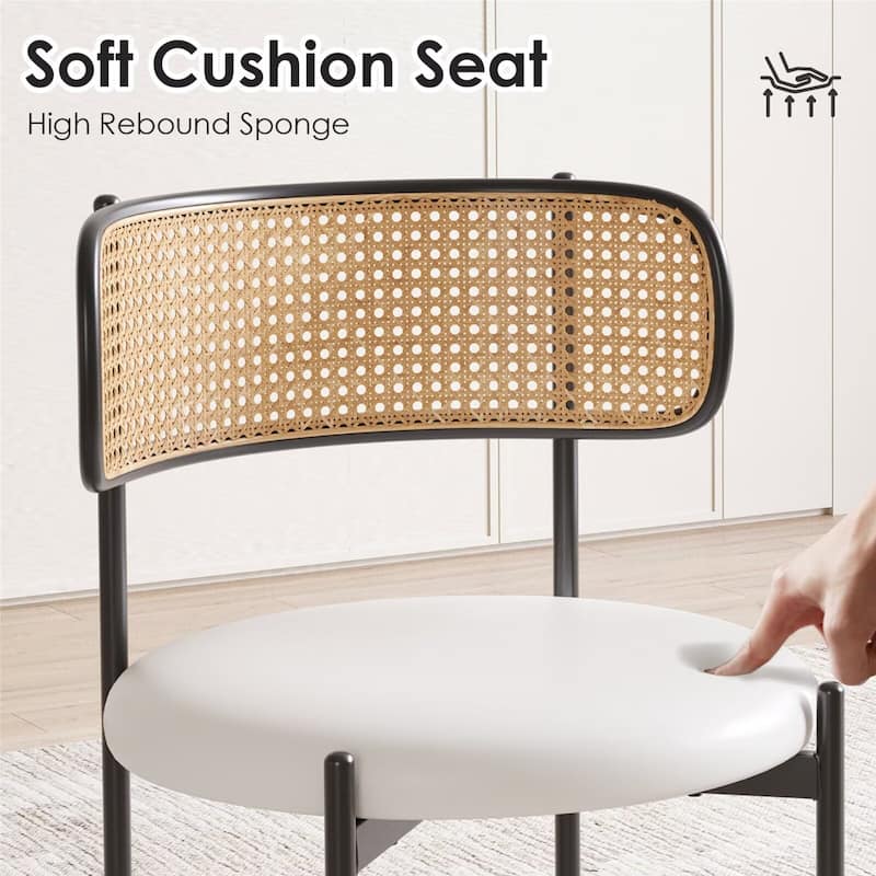 PU Leather Upholstered Seat Dining Chairs with Woven Rattan Back (Set of 4)