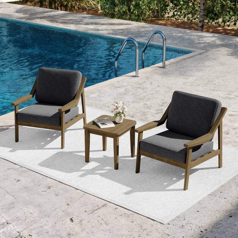 3-piece Teak Modern Cushioned Club Chairs Set Patio Bistro Set