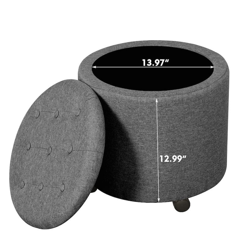 Adeco 17" Faux Leather Round Storage Ottoman with Tufted