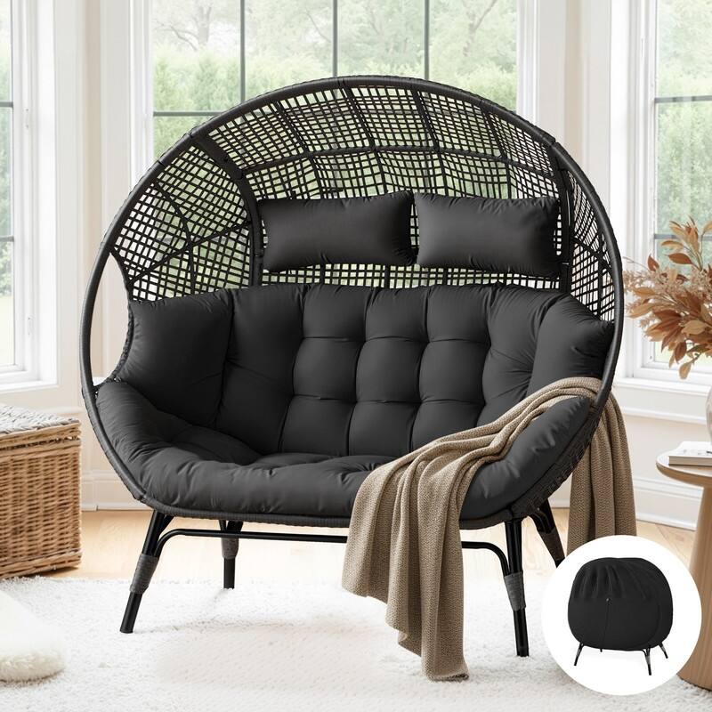FINCATI 2-Person Indoor/Outdoor Wicker Egg Chair Loveseat, 57.1-in Wide, 6.5-in Cushion, 680-lb Capacity - Dark Gray w/ Cover