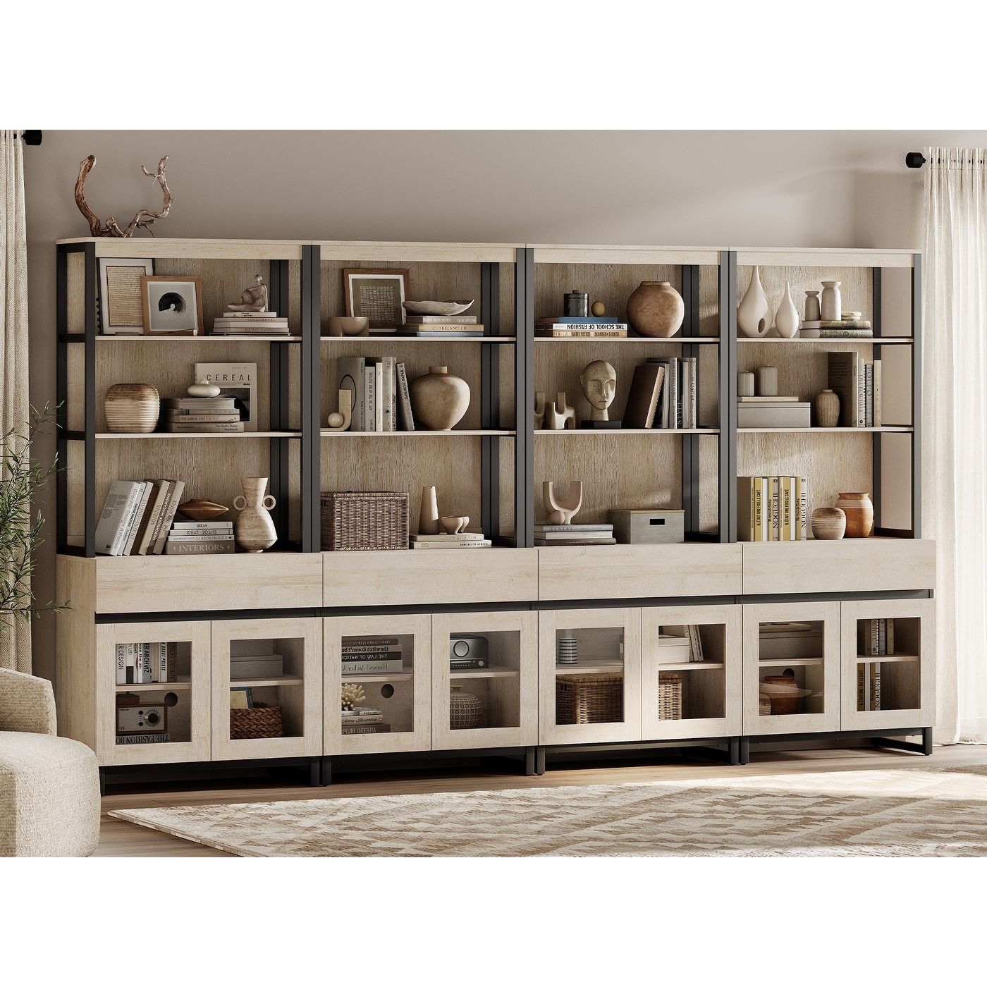4 PCS Modern 72" Tall Bookcase with 4 Drawers and Open Book Shelfs for Home Office, Living room.