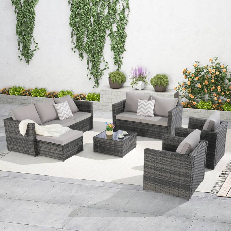 6PCS Rattan Convrtsation Set With Glass Table - Light Grey
