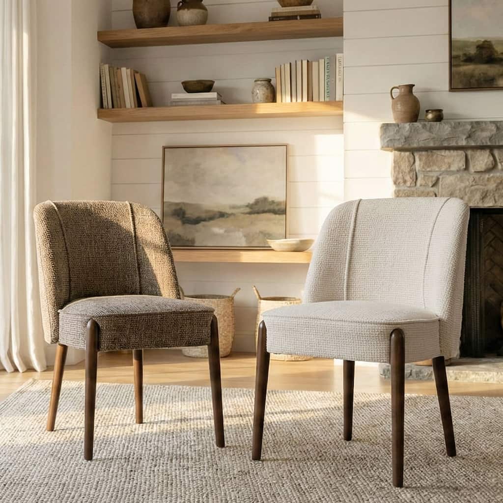 Upholstered Dining Chairs with Wood Legs and Curved Back, Textured Fabric, Set of 2
