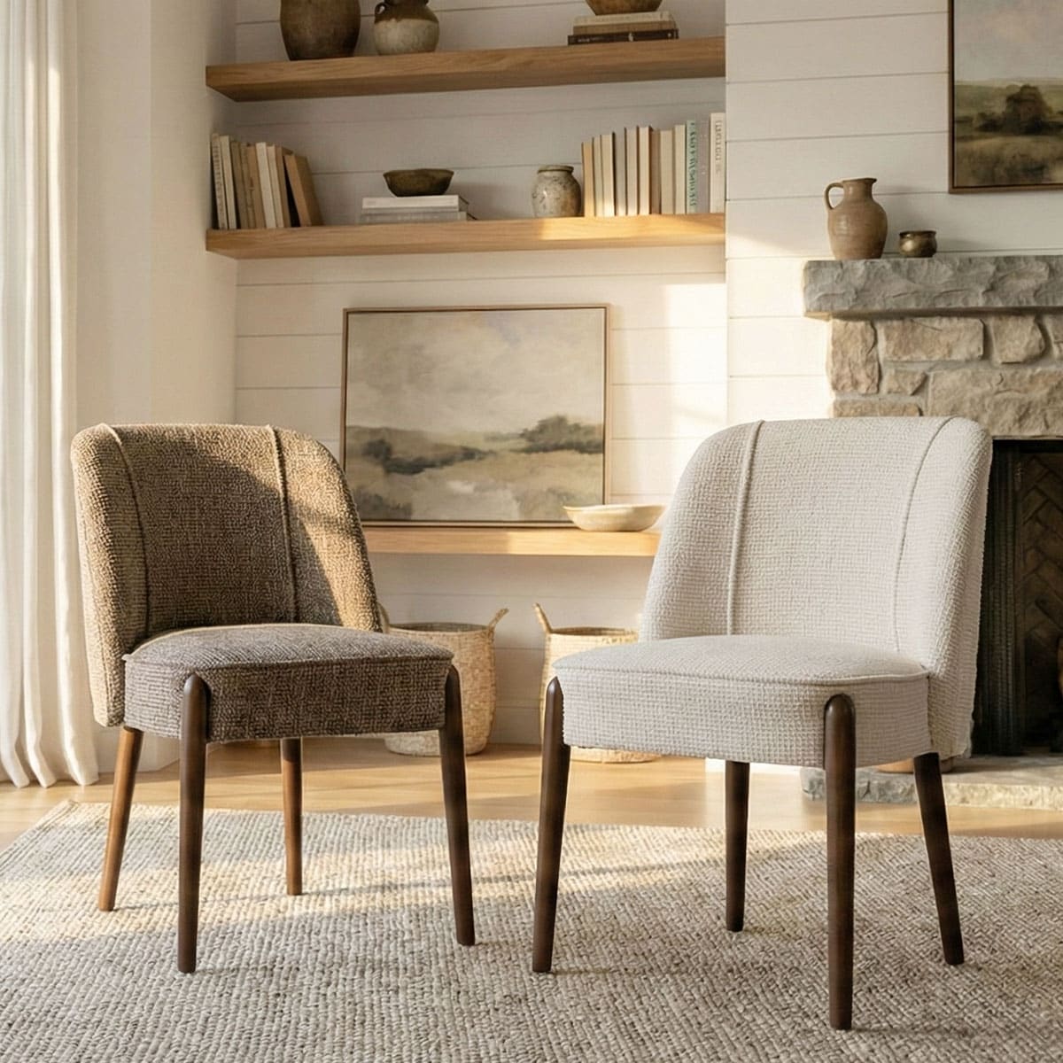 Upholstered Dining Chairs with Wood Legs and Curved Back, Textured Fabric, Set of 2