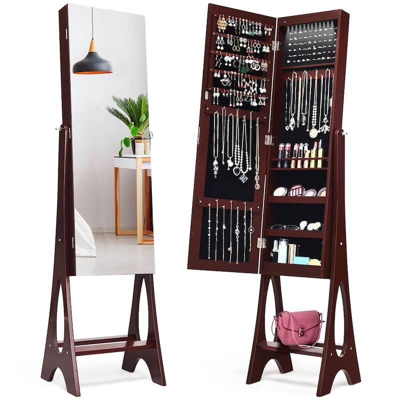 Costway LED Jewelry Cabinet Organizer Bevel Edge Mirrored Standing - Brown