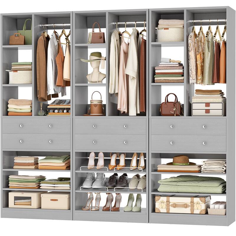 27.7'' Closet Organizer with Shoe Racks and Drawers, Closet System with Hanging Rod and Adjustable Shelves - Grey - 3pcs