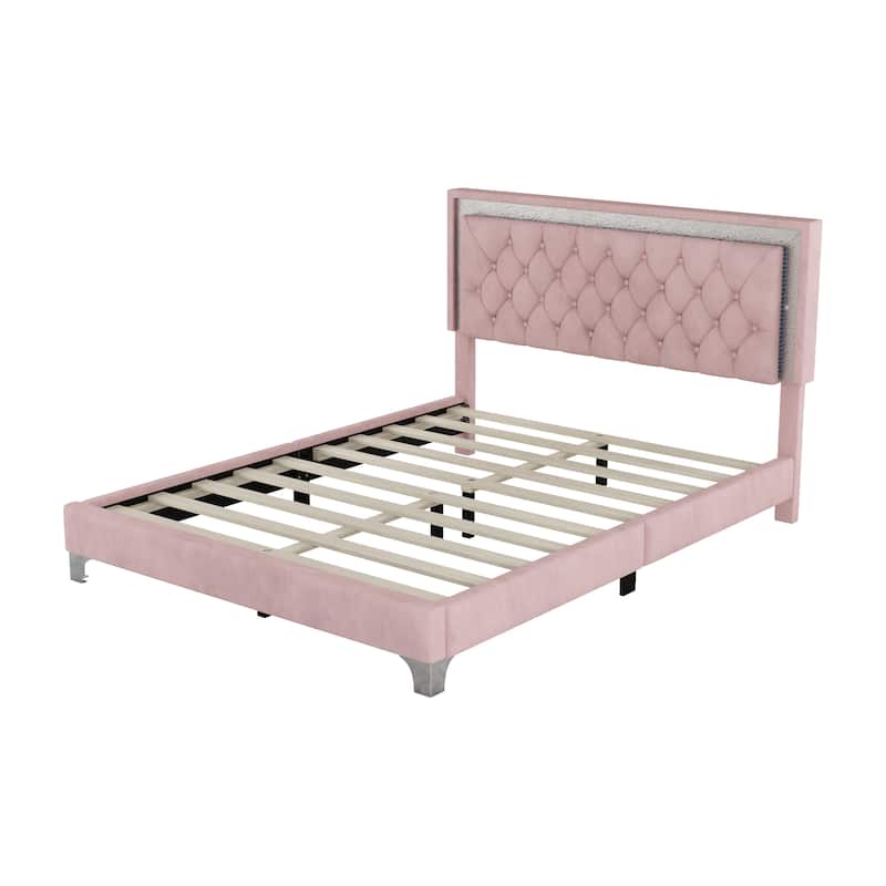 Queen Size Upholstered Bed Frame with LED Lights
