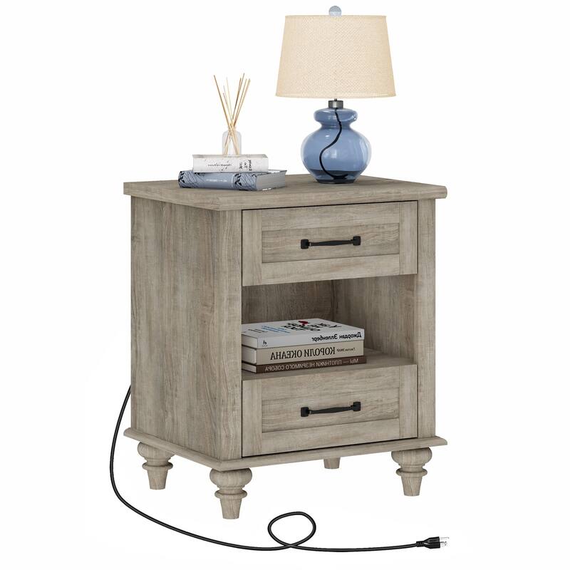 Farmhouse Nightstand Bedside Table, Wood 2-Drawer Side Table