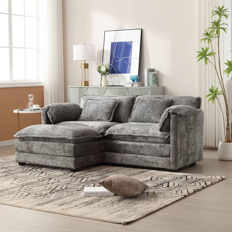 Chenille Fabric Double Sofa with High-Density Sponge Filling, Removable Armrests, and Side Storage Bags - Gray