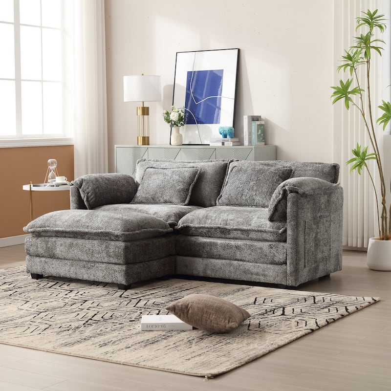 L-shape Sectional with Chaise, Loveseat Recliner Sofa with Side Pocket - Grey