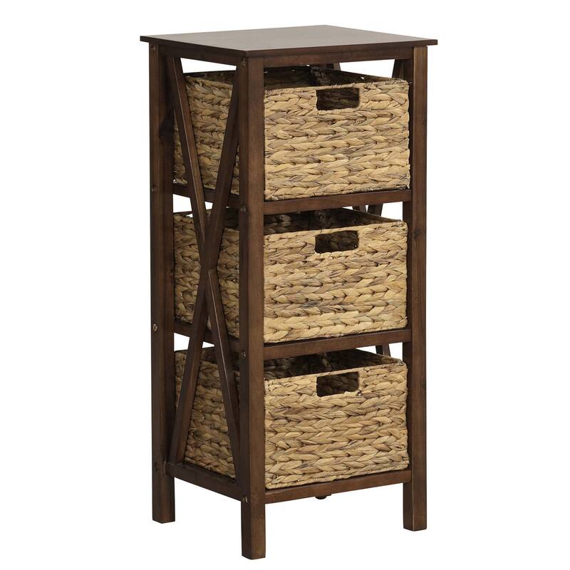Costway 1/2 PCS 3-Tier Nightstand with 3 Seagrass Baskets Rubber Wood - 2-drawer