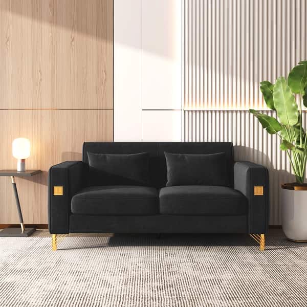 Black Velvet Square Arms Loveseat with 2 Pillows and Gold Metal Legs ...