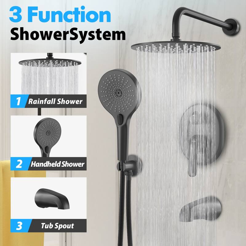 3-Functions Wall Mount Shower System Rainfall Shower Head - Matte Black 10 inch